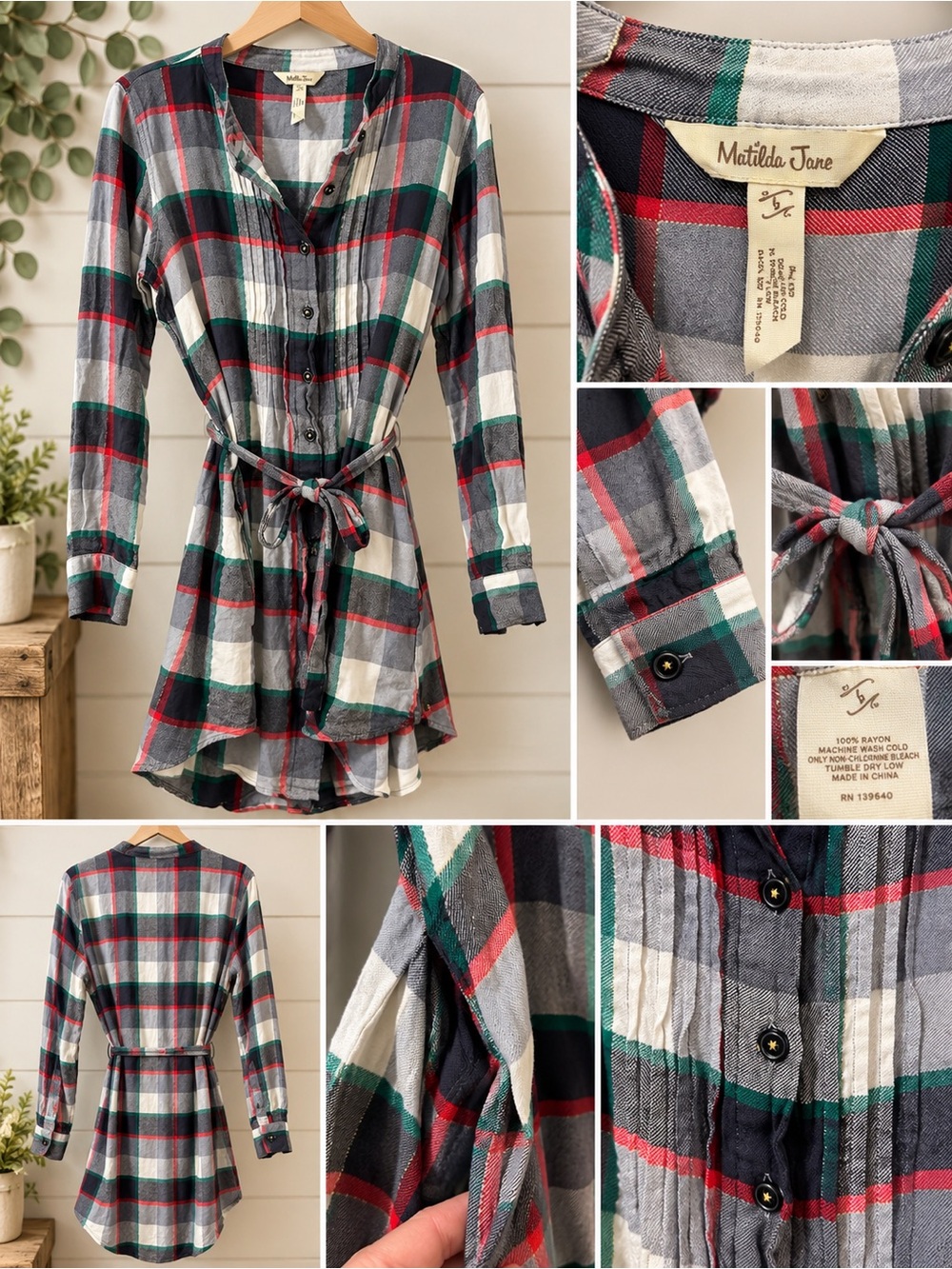 Matilda Jane Plaid Tunic Shirt Dress Tie Waist Button Front Long Sleeve